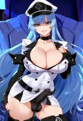 1futa ai_generated akame_ga_kill! big_breasts blue_eyes blue_hair breasts bulge bulge_through_clothing censored erect_penis erection erection_under_clothes esdeath_(akame_ga_kill!) futa_only futa_sans_pussy futanari huge_cock laino_airt light-skinned_futanari long_hair mosaic_censoring penis