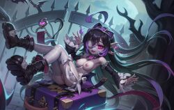 ai_generated black_hair devil grey_skin large_breasts liliana_(summoners_war) pointy_ears pointy_teeth pussy summoners_war