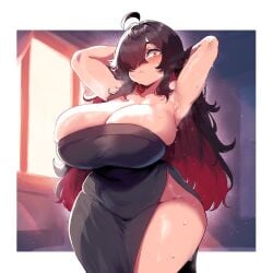 ai_generated amber_eyes ameanon black_dress dark_hair female large_breasts sorceress sorceress_sophia thick_thighs two_tone_hair villainess witch