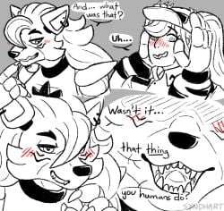 2022 animatronic anthro blush blush_lines canid canine canis clothing collar comic dialogue digital_media_(artwork) duo ear_piercing ear_ring ellipsis english_text female female/female fingers five_nights_at_freddy's five_nights_at_freddy's:_security_breach hand_on_head hat headgear headwear hi_res human machine mammal open_mouth piercing question_mark ring_piercing robot roxanne_wolf_(fnaf) scottgames size_difference steel_wool_studios syndhart teasing teeth text vanessa_(fnaf) wolf