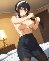 ai_generated angry angry_face areolae asian asian_female athletic_female bare_legs big_breasts black_hair g-cup hair_bun huge_breasts huge_thighs light-skinned_female light_skin massive_breasts mature_female milf muscular_female nipples puffy_nipples red_eyes shounen_jump+ skirt solo_female spy_x_family squatting stockings sweat sweatdrop thick_thighs thighs voluptuous voluptuous_female yor_briar yor_forger