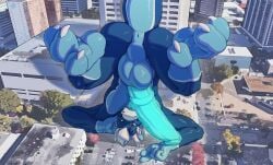 3_toes anthro anus ass balls big_balls big_butt big_feet big_penis biped blue_body blue_scales city claws digital_media_(artwork) dragon erection european_mythology feet genitals glans glowing glowing_genitalia glowing_penis hi_res huge_cock humanoid_genitalia humanoid_penis hyper hyper_genitalia hyper_penis legs_above_head licking macro male medial_ring muscular muscular_anthro muscular_male mythological_creature mythological_scalie mythology nighdruth_(character) nitrosimi96 nude paws penis scales scalie self_lick solo tail toe_claws toes tongue upside-down western_dragon