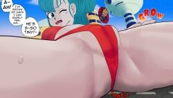 bigger_female blonde_hair blue_eyes blue_hair bulma_briefs cameltoe cleft_of_venus dragon_ball edging growth horny_female internal internal_vaginal macrophilia original_character plump_pussy puffy_pussy red_swimsuit smaller_male speech_bubble spread_legs straight sweat swimsuit t-shirt thighs toei_animation unbirth_giantess unbirthing weekly_shonen_jump