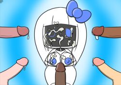 1girls android blue_nipples bowtie breasts brokenrekordbro bukkake cum cum_on_face front_view holding_breast iota_(brokenrekordbro) mob_face multiple_penises one_eye_closed original original_character penis robot robot_girl shortstack tagme thighs