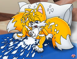 anthro autobukkake balls bed blue_eyes bukkake canine claws cum cum_covered excessive_cum fox fur furry_tail handjob indoors male male_only mammal masturbation messy mobian multi_tail nude orange_fur penis pillow sitting solo sonic_(series) tail tails twotails