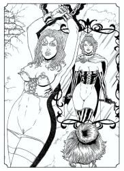 black_and_white black_queen bondage bound_arms breasts breasts_out corset emma_frost hellfire_club jean_grey kostas_fragiadakis marvel marvel_comics mirror mirror_reflection panties panties_down pubic_hair pussy traditional_art traditional_media_(artwork) trimmed_pubic_hair vagina white_queen x-men