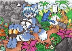 anthro bindi blue_fur blue_hair blush bondage bound breasts color falco_lombardi female fox fox_mccloud furry green_eyes hair jewelry krystal male mario_(series) multiple_boys mushroom nintendo nude outdoors pheasant piranha_plant pointy_ears rope saketoastdeath short_hair sitting star_fox tail white_fur