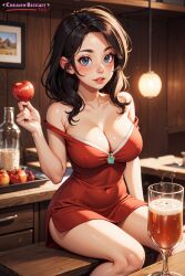 ai_generated alcohol apple bare_shoulders black_hair blue_eyes blush bottle breasts cleavage collarbone covered_navel creamybiscuit cup dress drinking_glass female food freckles fruit holding holding_food indoors large_breasts lips long_hair looking_at_viewer mole parted_lips red_dress short_dress sitting sleeveless sleeveless_dress solo strap_slip