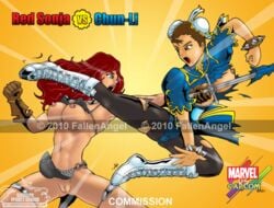 2010 2girls capcom chun-li crossover dinosaur_prince eastern_and_western_character fallenangel female female_only human marvel_vs._capcom multiple_girls red_sonja red_sonja_(comics) straight_hair street_fighter tagme wardrobe_malfunction watermark yuri