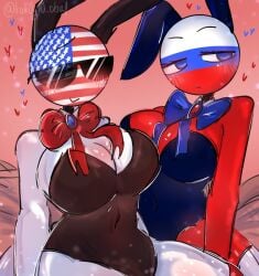 2girls amazing_background big_breasts big_thighs blue_eyes blush blushing_at_viewer bowtie bowtie_collar breasts bunny_ears bunny_tail bunnygirl bunnysuit collarbone countryhumans countryhumans_girl detailed detailed_background detailed_shading duo duo_female duo_focus glasses hearts hearts_around_body hearts_around_head horny horny_female kak0yt0_chel looking_at_viewer looking_away looking_away_from_partner multiple_girls red_background red_skin red_thighhighs russia_(countryhumans) sunglasses tagme tagme_(artist) thigh_gap thigh_socks thighhighs thighs united_states_of_america_(countryhumans) watermark white_skin white_thighhighs