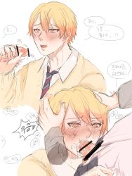 2boys blonde_hair blowjob blowjob_face cum_in_mouth cum_inside gay jerking_off jerking_off_another jerkingoff jerkingoff_another kamishiro_rui project_sekai pushing_head sucking_penis tenma_tsukasa yellow_hair