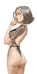 bare_ass bare_back bare_legs bare_thighs bob_cut brown_hair crossed_arms medium_breasts one-piece_swimsuit original original_character short_hair side_view slim slim_girl slim_waist tbocart three-quarter_view