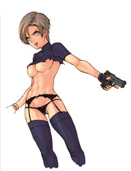 breasts female fingerless_gloves gloves highres katou_teppei knife leon_scott_kennedy nipple_slip nipples resident_evil resident_evil_4 rule_63 simple_background solo standing white_background