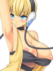 areolae armpits bad_id blonde_hair blue_eyes blush breasts choker cleavage elesa_(pokemon) elesa_(pokemon_bw) female female_only gym_leader human human_only large_breasts naru_(kuma) nintendo nipple_slip nipples pink_nipples pokemon pokemon_bw short_hair simple_background solo white_background