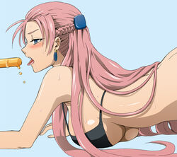 arm_support bikini blue_eyes blush breast_press breasts earrings female jewelry juliana_eberhardt kenji_t1710 large_breasts long_hair lying open_mouth pink_hair popsicle sexually_suggestive sideboob simple_background solo sweat swimsuit tongue valkyria_chronicles valkyria_chronicles_2 yuliana_eberhart