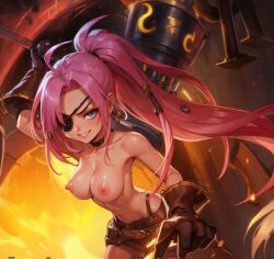 ai_generated eyepatch large_breasts leather_gloves miriam_(summoners_war) pink_hair summoners_war topless