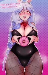 1girls animal_ears blue_hair blush bowtie braid braided_hair braided_ponytail breasts bunny_girl bunnysuit bush bushy_pubes busty cleavage cleavage_overflow clothed curves curvy curvy_female curvy_figure dialogue donut english_text exposed_shoulders female female_only female_pubic_hair fishnet_legwear fishnets hairy_pussy holding_doughnut holding_object hololive hololive_japan large_breasts light-skinned_female light_blue_hair light_skin long_braid long_hair looking_at_viewer mature_female milf older_female open_mouth orange_eyes pantyhose partially_clothed pekomama pixelatedsweet pubic_hair pubic_hair_peek rabbit_ears rabbit_girl rabbit_hole_(vocaloid) smiling_at_viewer solo steam steaming_body steamy_breath sweat sweaty_breasts thick thick_thighs thigh_gap thighs tummy veiny_breasts virtual_youtuber vtuber wide_hips