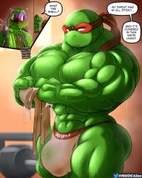 anthro anthro_only bandana bodily_fluids clothed clothing cum donatello_(tmnt) gay genital_fluids genitals hi_res kerchief male modca muscular muscular_male partially_clothed penis raphael_(tmnt) reptile scalie simple_background solo sweat teenage_mutant_ninja_turtles text turtle underwear