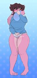 absurd_res amber_eyes anthro artist_name barefoot biped blue_clothing blue_sweater blue_topwear blush bodily_fluids breasts brown_hair citris clothed clothing countershade_face countershade_fur countershade_legs countershade_thighs countershading covering covering_face digital_media_(artwork) feet female female_peeing floppy_ears full-length_portrait fur genital_fluids hair hi_res hindpaw lagomorph leporid long_sleeves lop_ears mammal omorashi panties pantsless paws peeing pink_body pink_fur portrait rabbit remmy_(remybunny) shy solo standing sweater topwear underwear urine wet wet_clothing wet_panties wet_underwear wetting yellow_urine