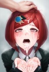 1girls after_fellatio after_oral ai_generated blush cum cum_drip cum_in_hair cum_in_hands cum_in_mouth cum_on_face cupping_hands danganronpa danganronpa_v3 excessive_cum facial female female_focus hair_ornament hand_on_head holding_head looking_up messy_hair open_mouth red_hair self_upload tongue tongue_out yumeno_himiko