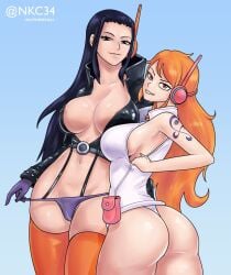 2girls armpits ass big_ass big_breasts bubble_butt cleavage clothed egghead female female_focus female_only headset inviting large_breasts leather_jacket light-skinned_female looking_at_viewer multiple_girls nami nico_robin nico_robin_(egghead) nipple_slip nutkingcall one_piece one_piece:_egghead_arc panties panty_pull plump_ass post-timeskip pulling_clothing pulling_panties sideboob slim_waist teasing teasing_viewer thick_thighs thighhighs wide_hips