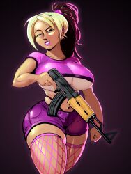 1girls 2024 big_breasts black_hair blonde_hair blue_eyes crop_top fishnet_legwear fishnet_thighhighs fishnets fully_clothed gun holding_gun multicolored_hair only_female original_character scarstuff short_shorts skindentation smug_grin solo solo_focus squinting tanline thick_thighs thong tiffany_oxley two_tone_hair underboob ych