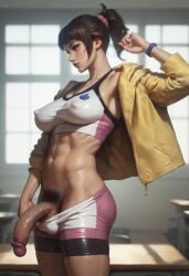 1futa abs ai_generated arm_up armpits babski326 bike_shorts blue_eyes breasts brown_hair classroom clothes_pull covered_nipples covered_testicles cowboy_shot flaccid futa_only futanari gundam gundam_build_fighters gundam_build_fighters_try hair hoshino_fumina indoors jacket large_breasts lips looking_forward midriff navel open_clothes open_jacket penis penis_out ponytail pubic_hair purple_glans purple_penis school scrunchie shiny shorts shorts_pull solo solo_futa sports_bra standing teacher testicles toned veins veiny_penis window yellow_jacket