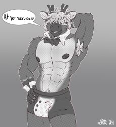 2024 5_fingers abs anthro antlers armpit_hair artist_name belly_tuft biceps biped body_hair bow_tie boxer_briefs bulge butler butler_underwear butler_underwear_(meme) butler_uniform clothed clothing curled_hair deer dialogue digital_drawing_(artwork) digital_media_(artwork) english_text fingers flat_colors fur gloves_(marking) hair hair_over_eyes hand_behind_head hand_on_hip hi_res horn looking_at_viewer male mammal markings meme meme_clothing monochrome mostly_nude multicolored_body muscular muscular_anthro muscular_male new_world_deer nipples pecs portrait reindeer ryker_(shonarts) screentone shirt_collar shon_arts signature simple_background smile solo speech_bubble standing teeth text thick_thighs three-quarter_portrait topless tuft two_tone_body underwear