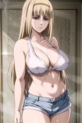 1milf ai_generated attack_on_titan blonde_hair blue_eyes hjqjjwbeb large_breasts milf shingeki_no_kyojin shorts ymir_fritz