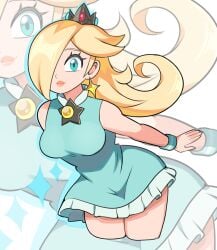 1girls bare_shoulders blonde_hair blue_eyes crown curvy digicheeze earrings hair_over_one_eye hips light-skinned_female light_skin long_hair mario_(series) mario_tennis nintendo princess_rosalina short_dress smile wristband