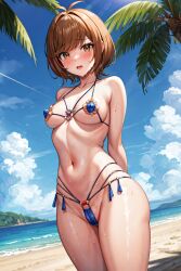 1girls abdomen ai_generated beach_background bikini blue_angel blue_angel_(yu-gi-oh) blush brown_eyes brown_hair female looking_at_viewer micro_bikini nervous open_mouth pose sephiaton955 solo sweatdrop voluptuous yu-gi-oh! yu-gi-oh!_vrains zaizen_aoi