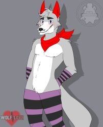 alternate_universe anthro anthropomorphic au bandana blush canid canine femboy five_nights_at_freddy's fnaf furry gay gay_male male otto_wolf pinup red_bandanna riley_morningstar shy solo stocking stockings twink wolf wolf_love