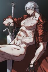 1boy 1male abs albino bara blue_eyes coat collarbone dante devil_may_cry dilf facial_hair gay handsome handsome_man himbo male_nipples male_only man_tits manly muscular muscular_male navel nipples older_male pecs pectorals pretty_boy solo stomach toned toned_male white_hair yaoi