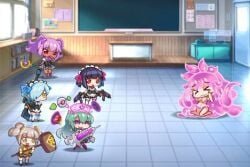 6girls blue_hair defeated defeated_villainess maid maid_headdress maid_outfit maid_uniform monster monster_girl nurse nurse_cap nurse_hat nurse_uniform nutaku pink_eyes pink_hair project_qt slime slime_(substance) slime_girl slime_girl_(project_qt) villainess