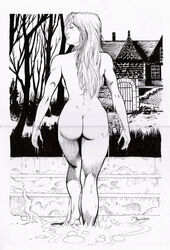 1girls amorim ass back_view female female_only goblin_queen_(x-men) human human_only light-skinned_female light_skin madelyne_pryor marvel monochrome nude partially_submerged solo tagme walking x-men