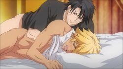 2boys anime_screencap bed black_hair black_t-shirt blonde_hair blush bottomless fucked_by_my_best_friend groping kuro_gal_ni_natta_kara_shin_yuu_to_shite_mita light-skinned_male light_skin lying_on_side male male_only no_visible_genitalia rui_chihaya screenshot shion_chihara t-shirt tanned tanned_male tanned_skin white_t-shirt yaoi