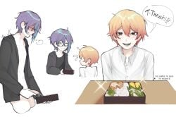 2boys bento bento_box blonde_hair cum_in_food cumming cumming_in_food gay glasses kamishiro_rui obsessed project_sekai purple_hair tenma_tsukasa yellow_eyes yellow_hair