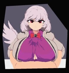 1girls angel_wings big_breasts breasts center_opening clothed clothed_paizuri clothed_sex emotionless emotionless_sex expressionless fully_clothed huge_breasts light-skinned_female light_skin mature_female namako_(takorin) paizuri red_eyes sagume_kishin takorin touhou unamused white_hair wings