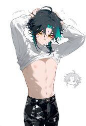 1boy abs ai_generated genshin_impact green_hair male male_only midriff nai_diffusion nipples pants shirt shirt_lift solo solo_male stable_diffusion twink xiao_(genshin_impact)