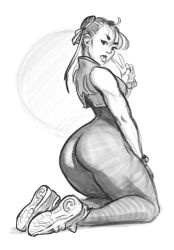 1girls ass calamari_cakes chun-li female female_only fully_clothed human looking_at_viewer looking_back monochrome solo street_fighter street_fighter_alpha thick_thighs tongue_out