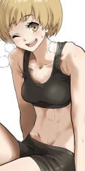 atlus blush blush_lines bra brown_eyes brown_hair kurosususu midriff persona persona_4 persona_4_the_golden satonaka_chie shin_megami_tensei short_hair sports_bra sports_shorts sweat sweatdrop sweating tomboy wink winking