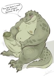 anthro balls belly big_penis big_penis_problems blush crocodile crocodilian crocodylid english_text genitals gigantic_penis glans green_balls green_body green_glans green_penis green_tail hi_res huge_cock humanoid_genitalia humanoid_penis hyper_penis luna_1 male male_anthro massive_penis nipples nude overweight overweight_anthro overweight_male penis reptile scalie simple_background solo speech_bubble tail text thick_penis vein veiny_penis white_background