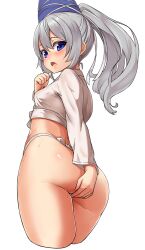 1girls ass blue_eyes blush breasts chiroshiron crop_top cropped_legs crossed_bangs female fundoshi furrowed_brow grey_hair hair_between_eyes hand_on_own_ass hat highres huge_ass japanese_clothes lips long_hair long_sleeves looking_at_viewer looking_back mononobe_no_futo open_mouth ponytail pussy_juice shy sidelocks simple_background small_breasts solo sweat tagme thighs touhou transparent_background