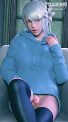 3d canon_futanari foulveins futa_only futanari hoodie hoodie_only kaine_(nier) nier nier_(series) nier_replicant showing_penis silver_hair solo stockings thighhighs thighs