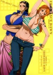 2girls armpits bikini bikini_bra black_eyes blush bobobo bracelet breasts brown_eyes busty cleavage earrings erect_nipples female female_only full_body glasses green_hair huge_breasts jeans large_breasts long_hair looking_at_viewer multiple_girls nami nami_(one_piece) nico_robin no_bra no_panties no_underwear one_piece open_clothes open_mouth orange_hair pants post-timeskip sarong shiny_skin smile stomach striped_bikini sunglasses tattoo voluptuous yellow_background