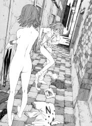 alleyway ass back bare_legs bare_shoulders bareback barefoot changing_clothes completely_nude completely_nude_female dress_on_floor embarrassed feet fuyukawa_motoi lancis(to_aru_majutsu_no_index) misaka_mikoto naked novel_illustration nude nude_female official_art only_shirt school_uniform schoolgirl short_hair small_breasts socks summer_uniform teenage_girl teenager thighs to_aru_kagaku_no_railgun to_aru_majutsu_no_index tokiwadai_school_uniform undressing young