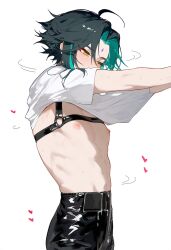 1boy abs ai_generated genshin_impact green_hair male male_only midriff nai_diffusion nipples pants shirt shirt_lift solo solo_male stable_diffusion twink xiao_(genshin_impact)