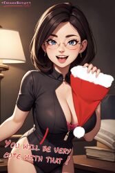 ai_generated blue_eyes book bra breasts brown_hair cleavage creamybiscuit earrings english_text female freckles glasses indoors jewelry large_breasts lips looking_at_viewer mole open_mouth smile solo teeth underwear