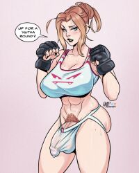 1futa 2d 2d_(artwork) abs artbymatches balls big_breasts big_penis black_fingerless_gloves black_lipstick black_nails blonde_futa blonde_hair blonde_hair_futa boxers boxing breasts brown_hair bulge cleavage clothed clothing dialogue digital_media_(artwork) english_text erection fingerless_gloves freckles futa_only futanari human jockstrap light-skinned_futanari light_skin mostly_nude muscles muscular_futanari penis ponytail pubic_hair short_hair solo solo_futa speech_bubble sports_bra standing text tied_hair vein veiny_penis white_jockstrap workout