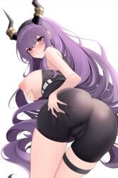 arknights artist_request ass big_breasts breasts breasts_out grabbing_own_ass horns nipples purple_hair pussy pussy_visible_through_clothes red_eyes typhon_(arknights)